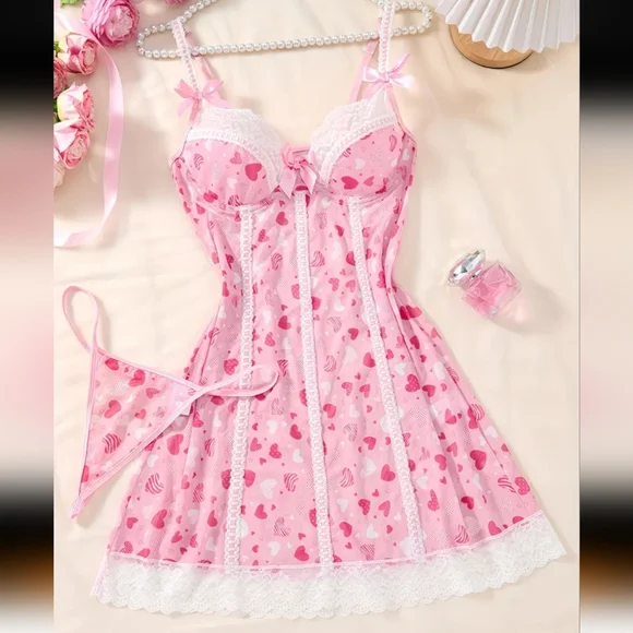2pc Semi-Sheer Mesh Multi Pink Heart Patterned Chemise-G-string Lingerie Set (M) - Picture 1 of 10